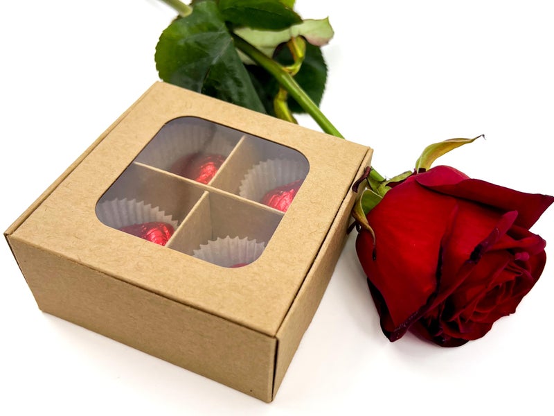 GRETEL BAKING 20pcs Kraft Treat Boxes with Window and Dividers | 4 X-SMALL compartments | 3.5 x 3.5 x 1.57 in | Empty candy boxes for gift giving, truffle box - perfect for Valentine's Day - Image 2